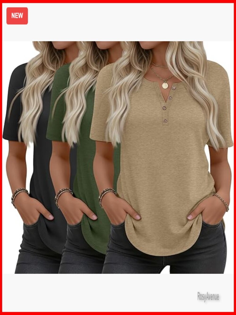Women's Henley T Shirts 3 Pack - Short Sleeve Curved Hem Loose Fit Summer Tops